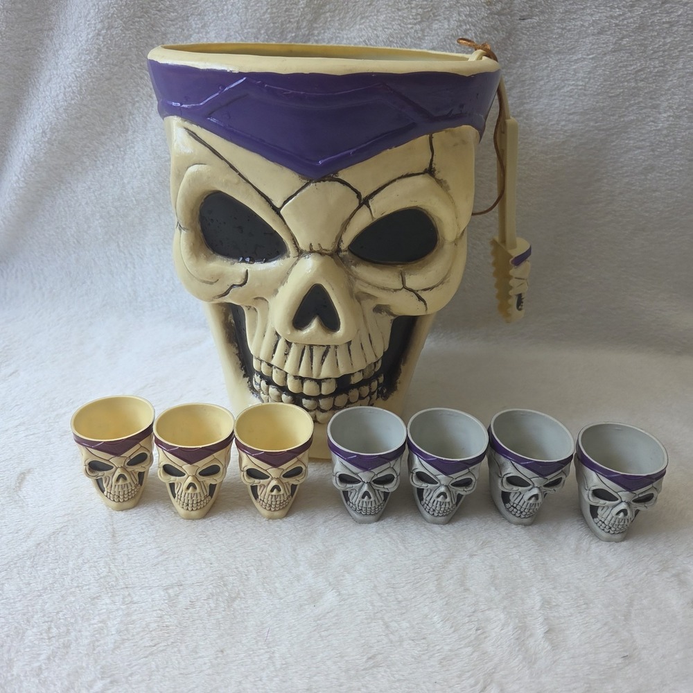 Vintage Halloween Skeleton Skull Pirate Blow Mold‎ Ice Bucket Tongs Shot Glasses